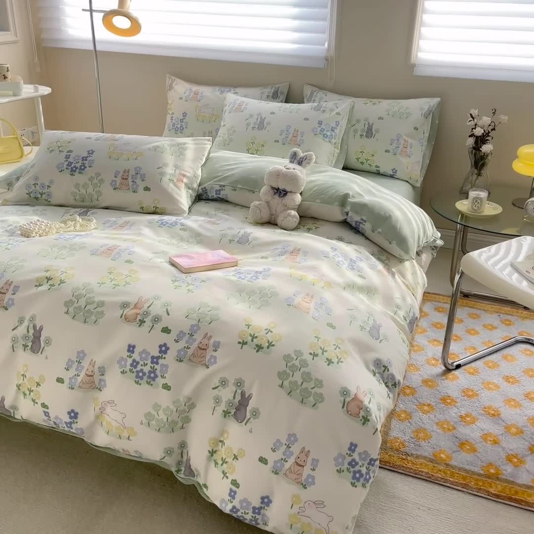 91家纺网 家纺一手货源 找家纺 呗旺鹿 2023新款13372全棉纯棉印花四件套直播款 花间兔