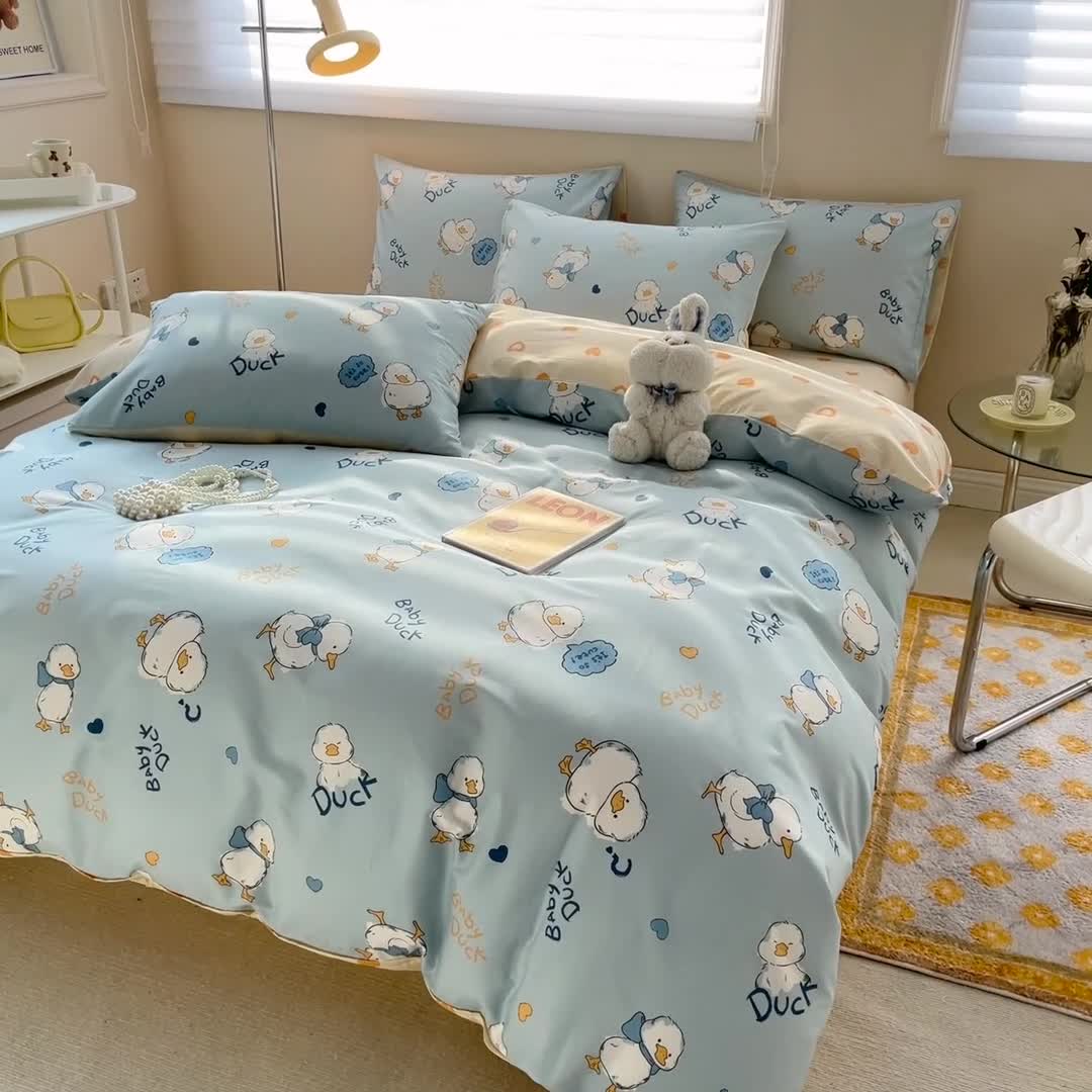 91家纺网 家纺一手货源 找家纺 呗旺鹿 2023新款13372全棉纯棉印花四件套直播款 可爱鸭