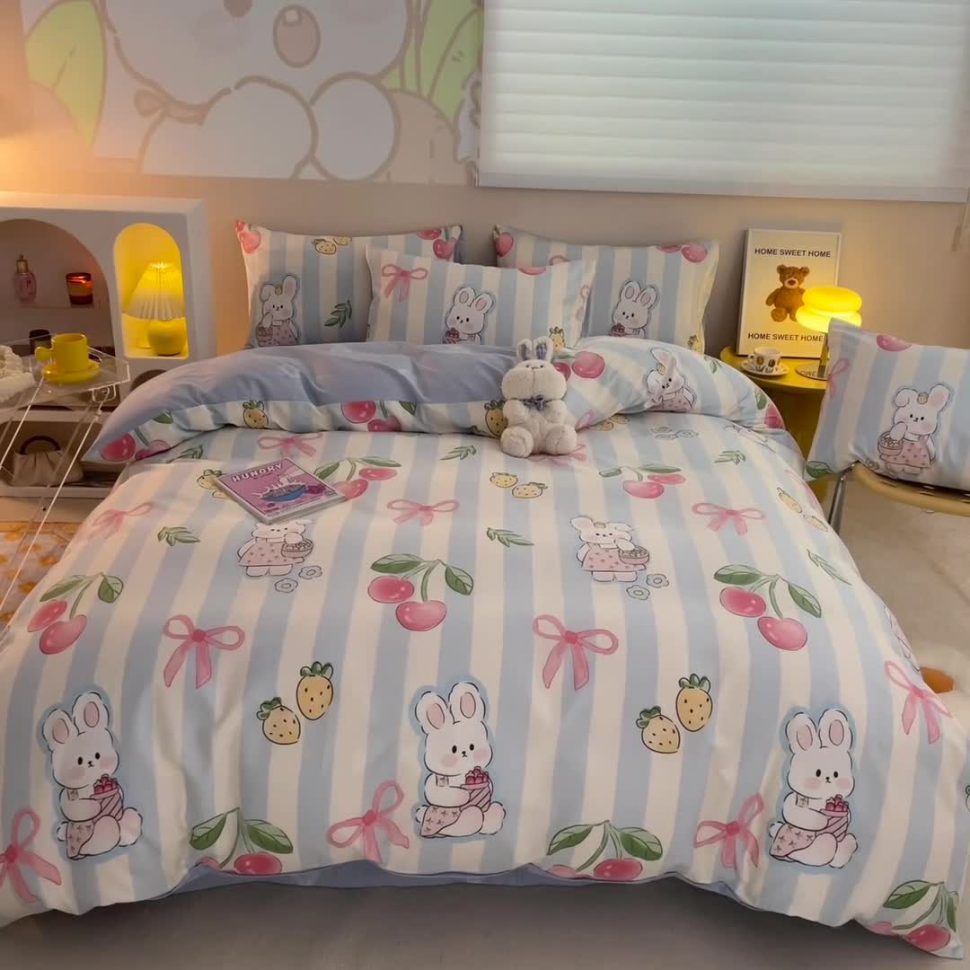 91家纺网 家纺一手货源 找家纺 呗旺鹿 2023新款13372全棉纯棉印花四件套直播款 兔宝果园