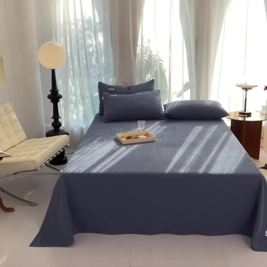 91家纺网 家纺一手货源 找家纺 眠博士 2023新款全棉华夫格床单三件套 天蓝