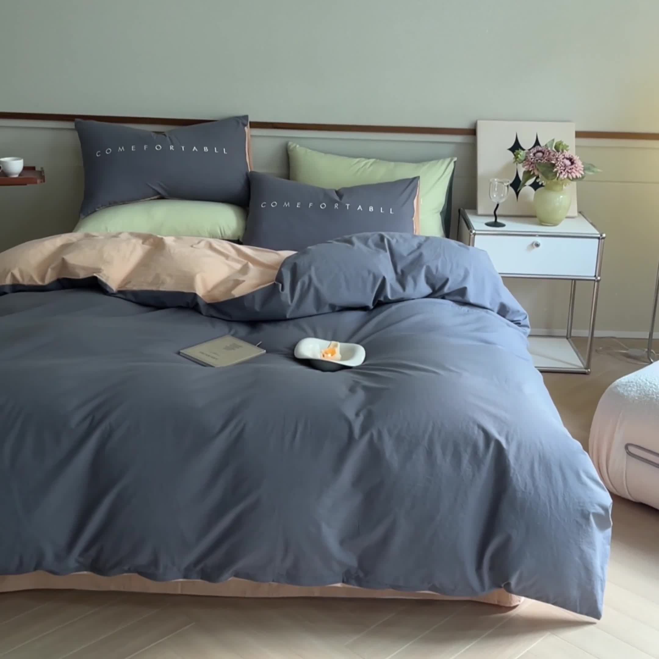 91家纺网 家纺一手货源 找家纺 蓝巢家纺 2023新款全棉水洗棉素写系列四件套 素写中灰