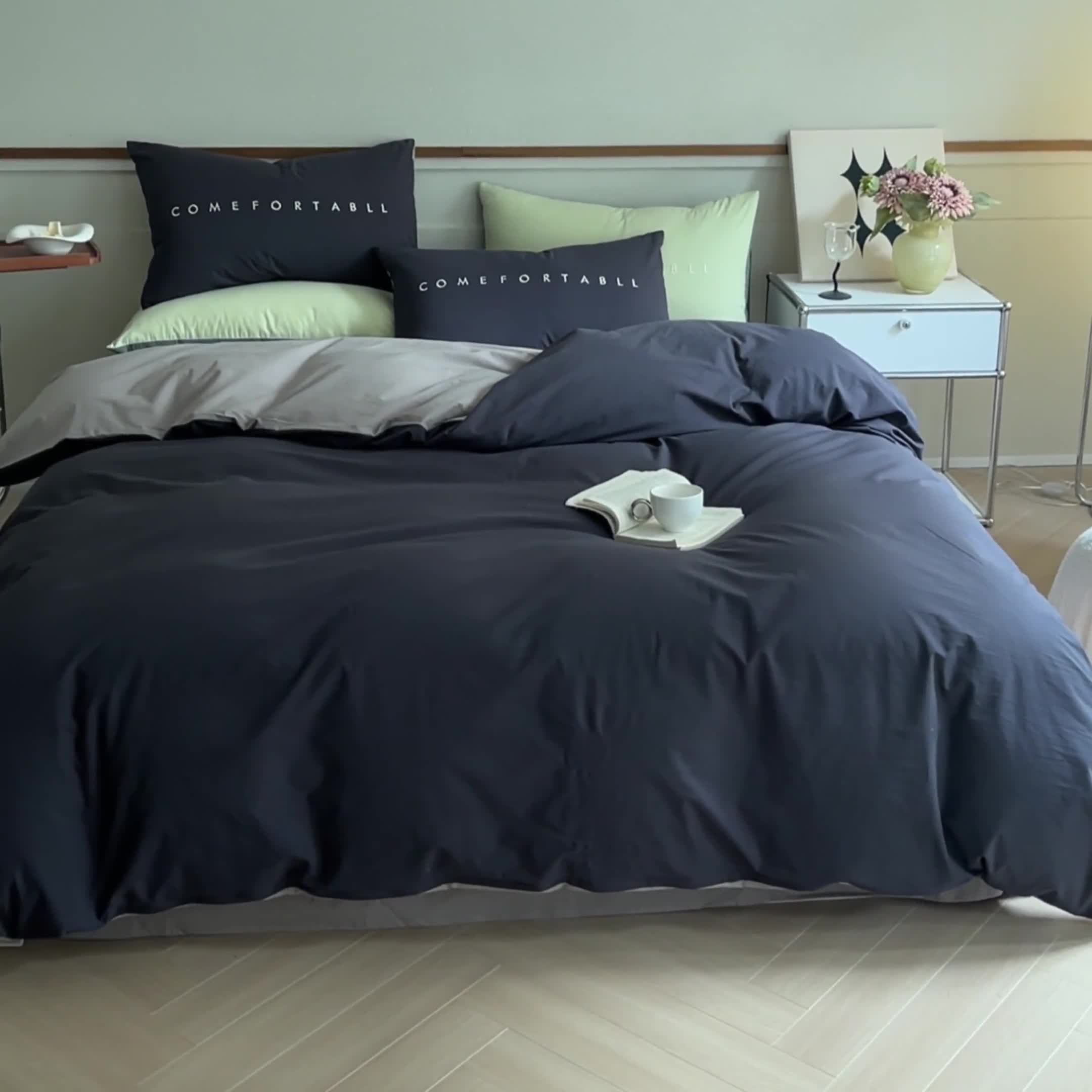 91家纺网 家纺一手货源 找家纺 蓝巢家纺 2023新款全棉水洗棉素写系列四件套 素写深灰