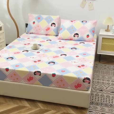 91家纺网 家纺一手货源 找家纺 首爱家纺 2025新款加厚全棉床笠床垫席梦思保护套 草莓女孩