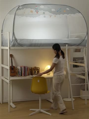 91家纺网 家纺一手货源 找家纺 佳梦家纺 2023新款学生上下铺免安装蒙古包蚊帐 几何-蓝