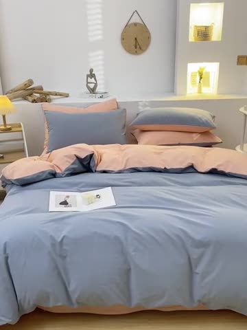 91家纺网 家纺一手货源 找家纺 柠萌家居 2024新款全棉双拼水洗棉四件套 双拼-浅蓝粉