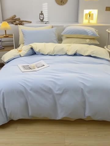 91家纺网 家纺一手货源 找家纺 柠萌家居 2024新款全棉双拼水洗棉四件套 双拼-浅蓝卡其