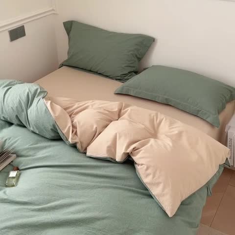 91家纺网 家纺一手货源 找家纺 嘉汀兰 2023新款全棉色织水洗棉纯色撞色款四件套 蓝莓冰沙