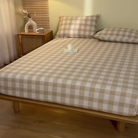 91家纺网 家纺一手货源 找家纺 卧趣家纺 2023新款全棉老粗布单品系列单床笠 锦格-棕