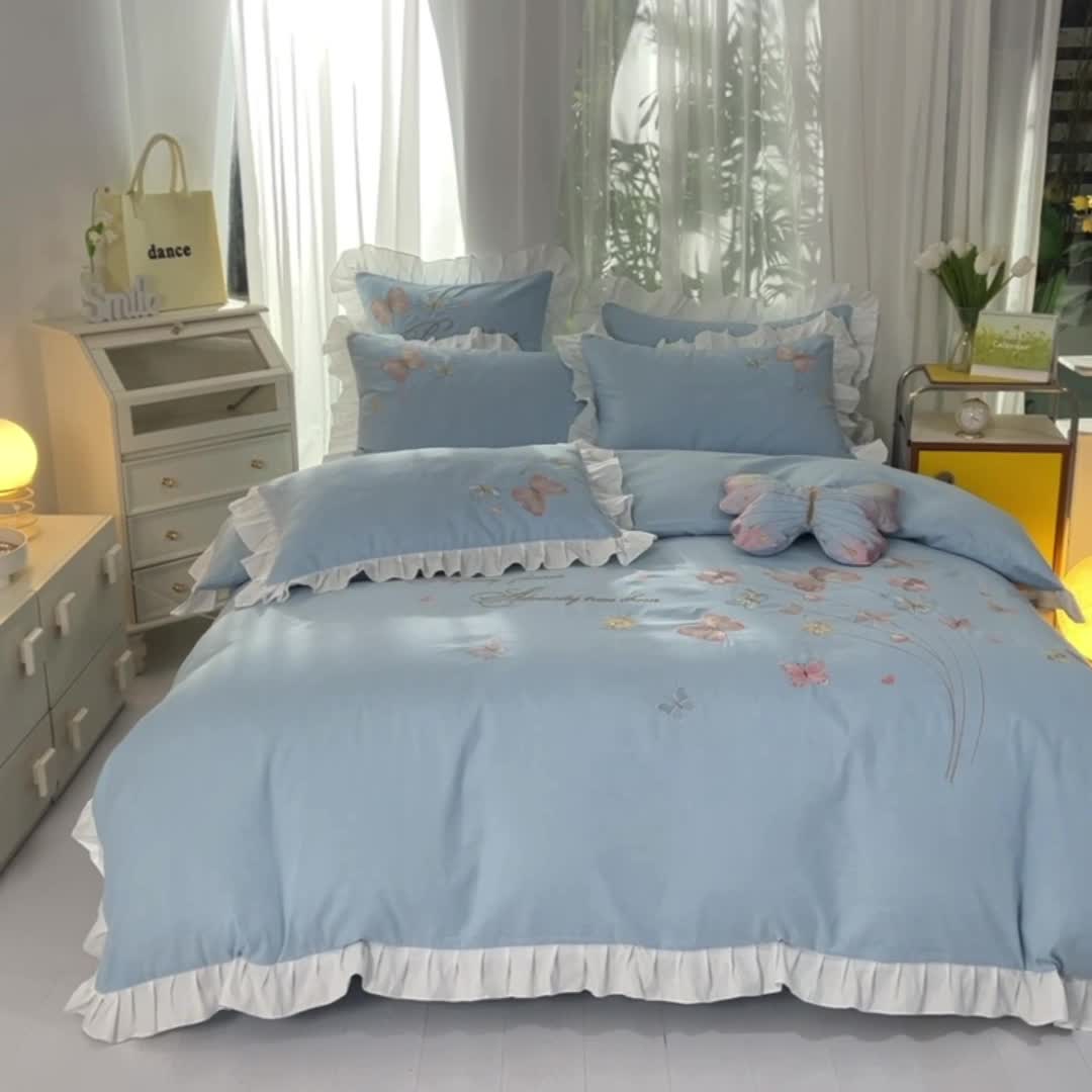 91家纺网 家纺一手货源 找家纺 绒世界 2024新款秋冬保暖云锦棉刺绣花边春卉系列四件套 春卉-慕蓝