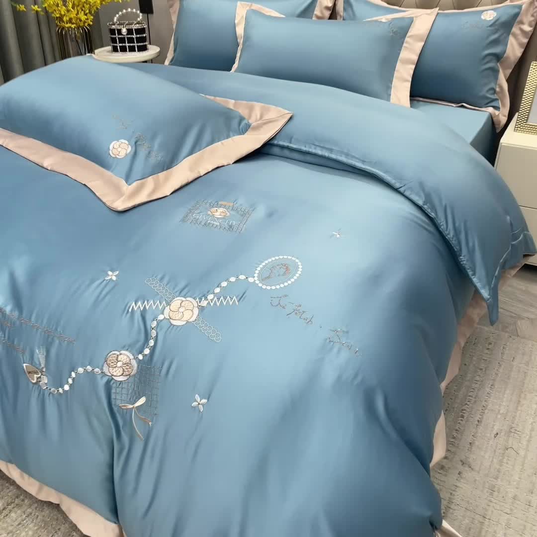 91家纺网 家纺一手货源 找家纺 绒世界 2024新款水洗真丝莱娅系列四件套 莱娅-孔雀蓝