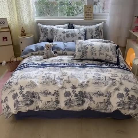 91家纺网 家纺一手货源 找家纺 蓝邻 2023新款全棉印花花卉系列四件套 爱丽丝