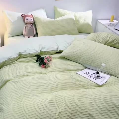 91家纺网 家纺一手货源 找家纺 沐晴家纺 2023新款泡泡纱四件套 嫩绿