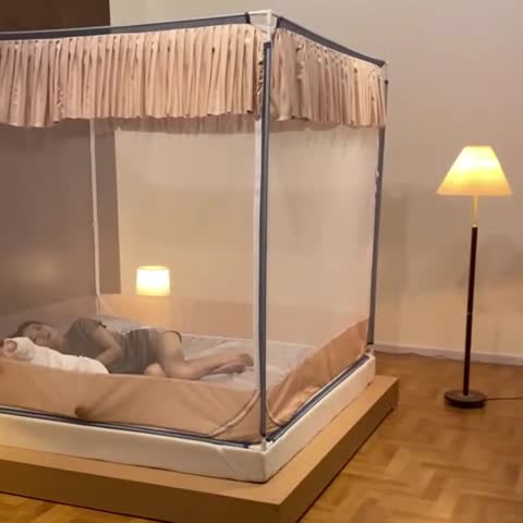 91家纺网 家纺一手货源 找家纺 青竹苑 2023纯色可拆洗冰丝凉席外穿三门全底防摔蚊帐 奶油黄