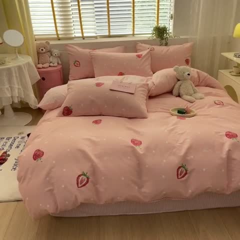 91家纺网 家纺一手货源 找家纺 蓝邻 2023新款全棉印花小清新系列四件套 莓妮