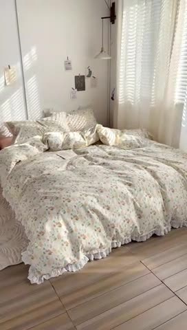 91家纺网 家纺一手货源 找家纺 （总）千朵 2023新款小清新蕾丝花边全棉纯棉四件套