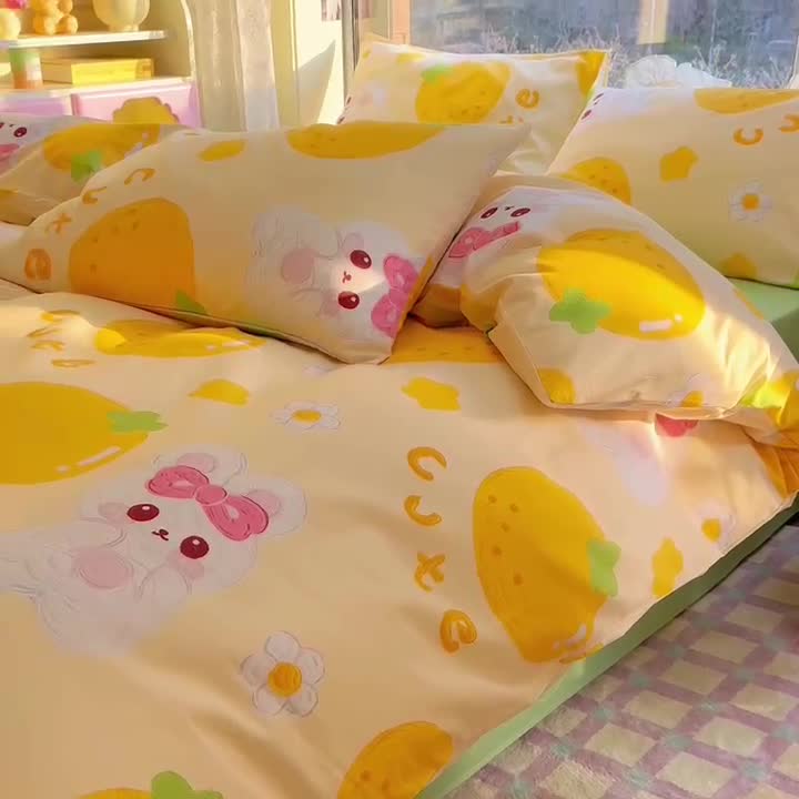 91家纺网 家纺一手货源 找家纺 花伞 2023直播新款40支高密全棉纯棉小清新四件套 橙子和兔