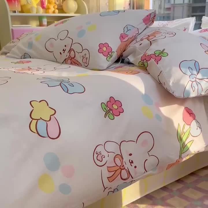 91家纺网 家纺一手货源 找家纺 花伞 2023直播新款40支高密全棉纯棉小清新四件套 蝴蝶结小兔