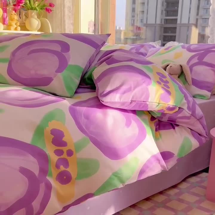 91家纺网 家纺一手货源 找家纺 花伞 2023直播新款40支高密全棉纯棉小清新四件套 浓情郁金香