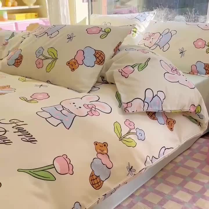 91家纺网 家纺一手货源 找家纺 花伞 2023直播新款40支高密全棉纯棉小清新四件套 蜻蜓和兔