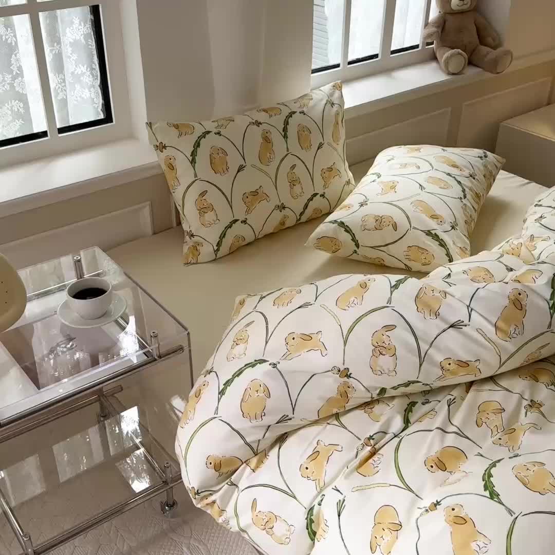 91家纺网 家纺一手货源 找家纺 柚子 2023新款13372精梳棉浪漫系列四件套 麦穗兔