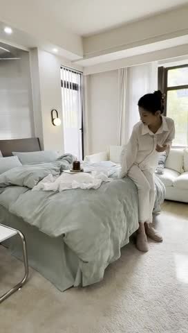 91家纺网 家纺一手货源 找家纺 棉邦 2023新款40支华夫格大提花纽扣款四件套 水绿