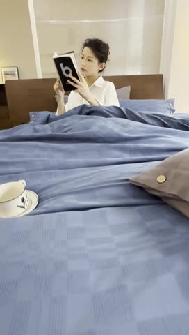 91家纺网 家纺一手货源 找家纺 棉邦 2023新款40支华夫格大提花纽扣款四件套 蓝灰