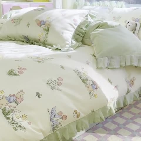 91家纺网 家纺一手货源 找家纺 蓝邻 2023新款全棉印花韩版花边款四件套 蘑菇屋