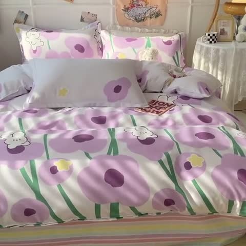 91家纺网 家纺一手货源 找家纺 花伞家居 2024直播网销斜纹加厚磨毛印花植物羊绒四件套 花儿朵朵