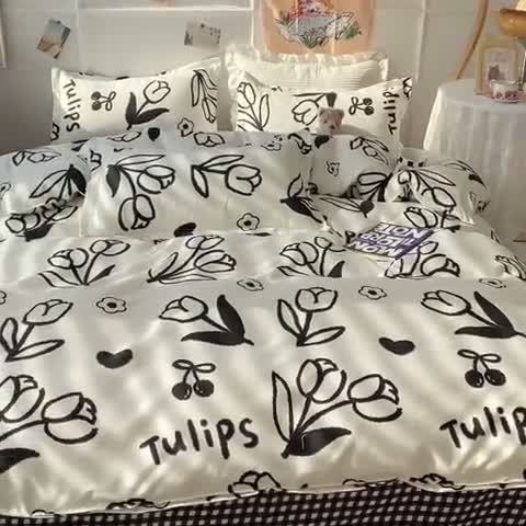 91家纺网 家纺一手货源 找家纺 花伞家居 2024直播网销斜纹加厚磨毛印花植物羊绒四件套黑色郁金香