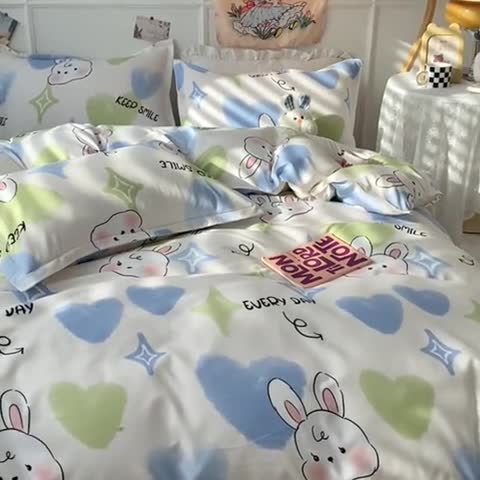 91家纺网 家纺一手货源 找家纺 花伞家居 2024直播网销斜纹加厚磨毛印花植物羊绒四件套 星光兔