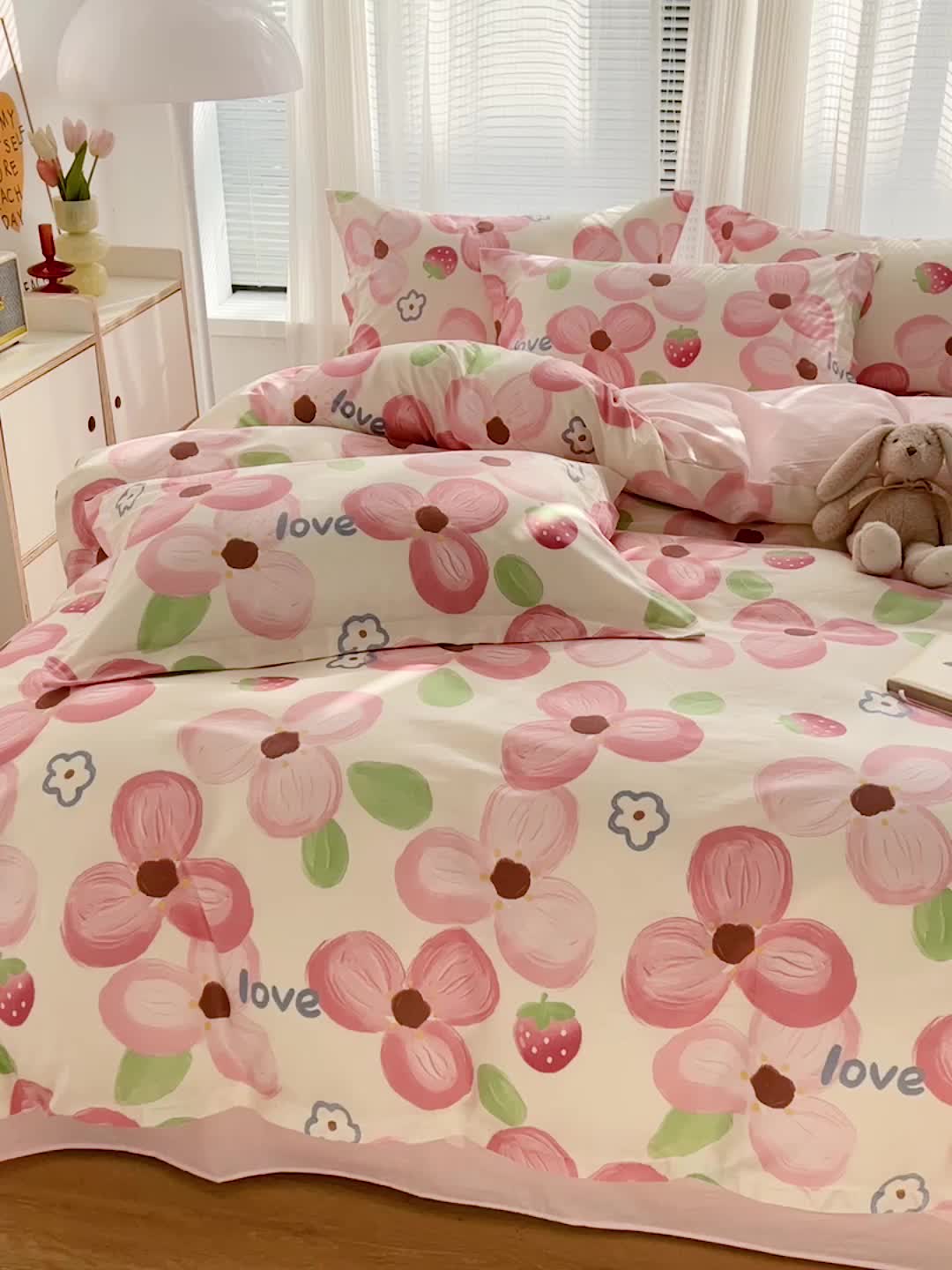 91家纺网 家纺一手货源 找家纺 盛馨 2023新款ins北欧风高支高密全棉喷气小清新纯棉四件套粉色花海