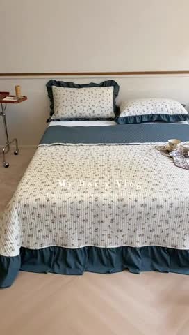 91家纺网 家纺一手货源 找家纺 上喜 热卖双面全棉水洗韩系小碎花床盖 莱茵蓝