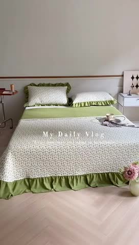 91家纺网 家纺一手货源 找家纺 上喜 热卖双面全棉水洗韩系小碎花床盖 花叶朵朵-草绿