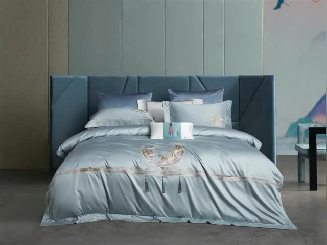 91家纺网 家纺一手货源 找家纺 爱情故事 2025新款居家140支轻奢贡缎长绒棉刺绣四件套 余生-蓝