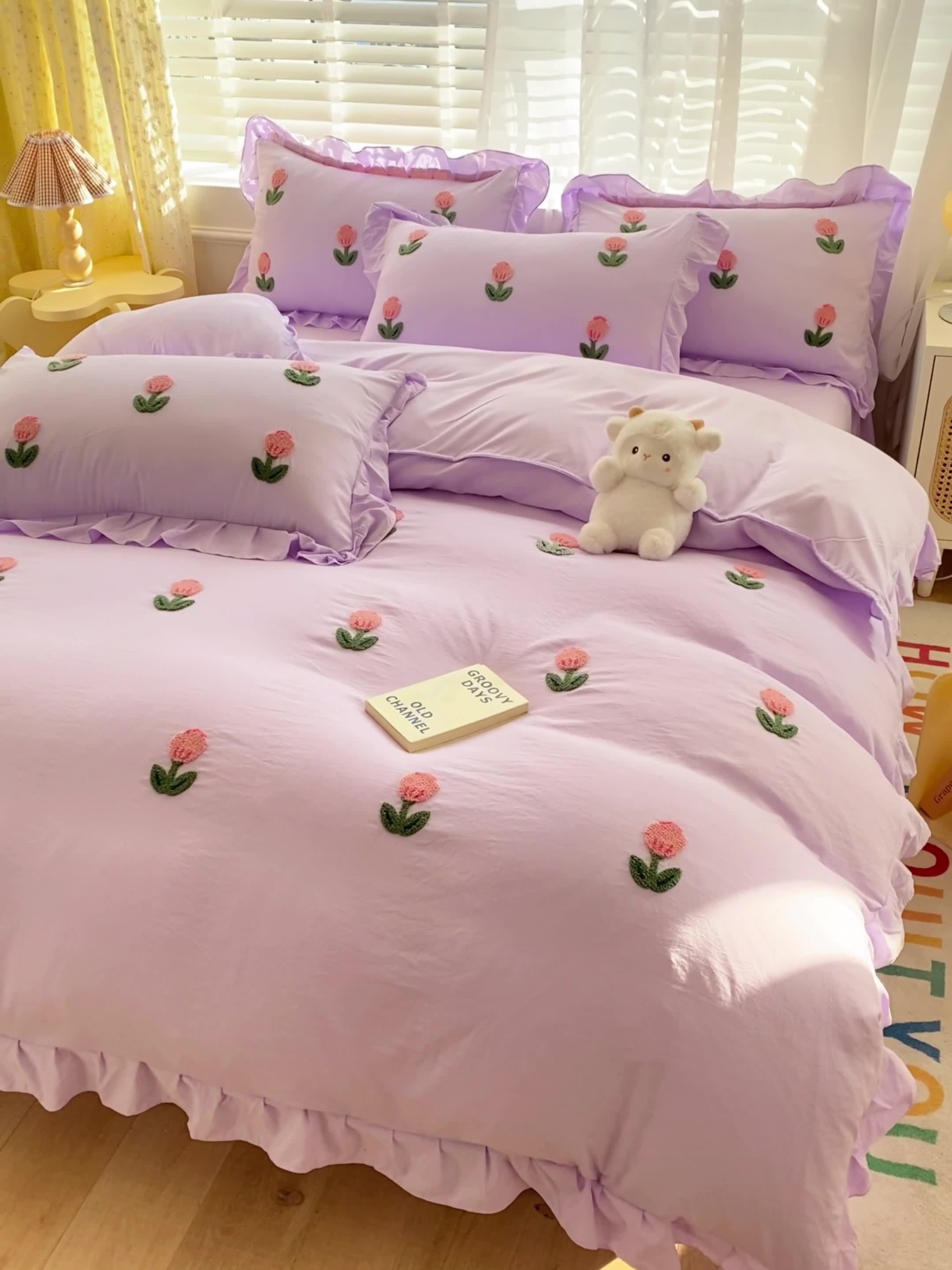 91家纺网 家纺一手货源 找家纺 AB家纺2023新款韩版水洗棉毛巾绣四件套-郁金香系列 郁金香裸紫