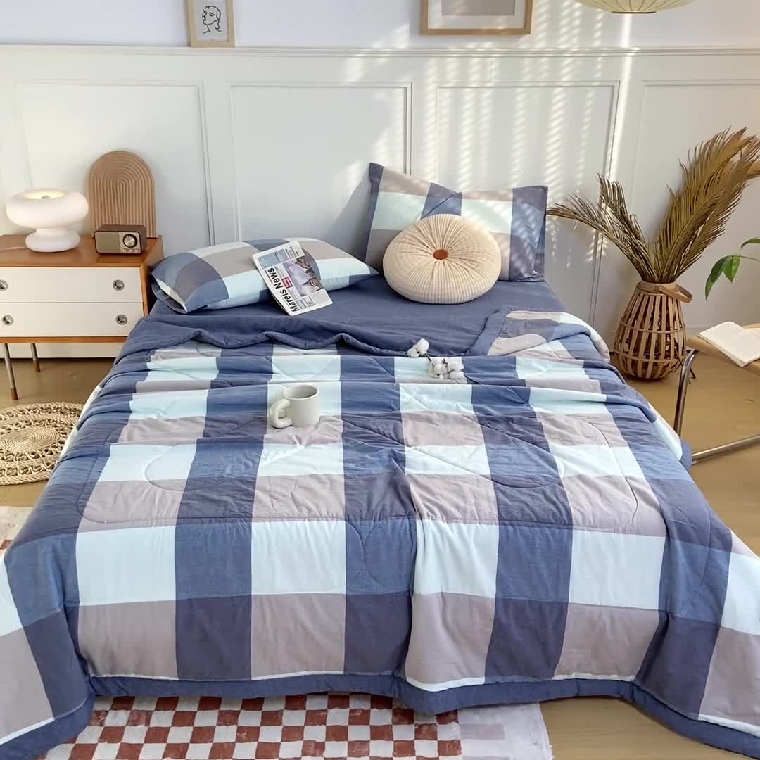 91家纺网 家纺一手货源 找家纺 鸣升新疆长绒棉全棉花色织水洗棉夏被四件套 米粽丈青格