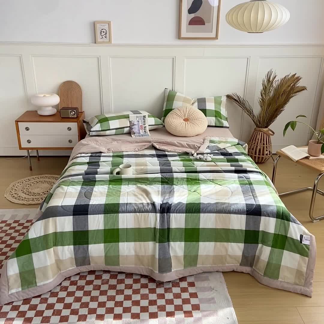 91家纺网 家纺一手货源 找家纺 鸣升新疆长绒棉全棉花色织水洗棉夏被四件套 海青鲜绿格