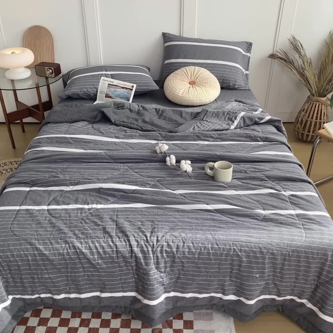91家纺网 家纺一手货源 找家纺 鸣升新疆长绒棉全棉花色织水洗棉夏被四件套 灰条