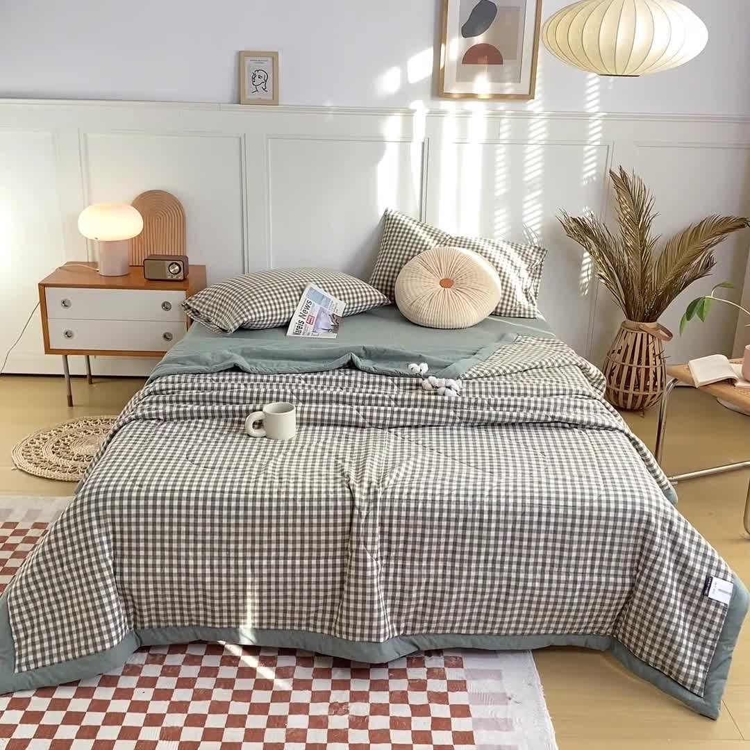 91家纺网 家纺一手货源 找家纺 鸣升新疆长绒棉全棉花色织水洗棉夏被四件套 绿小格