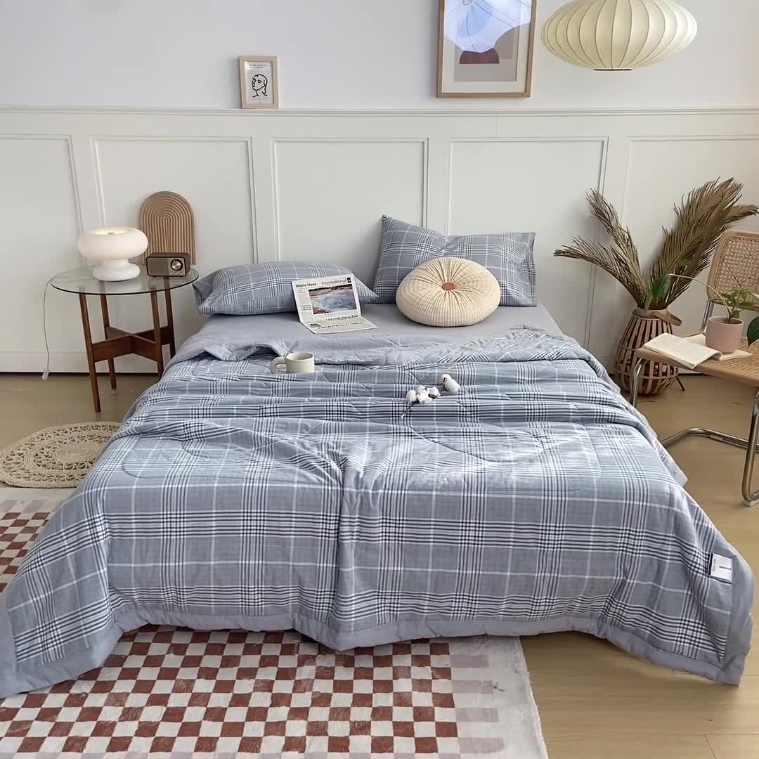 91家纺网 家纺一手货源 找家纺 鸣升新疆长绒棉全棉花色织水洗棉夏被四件套 柏林兰