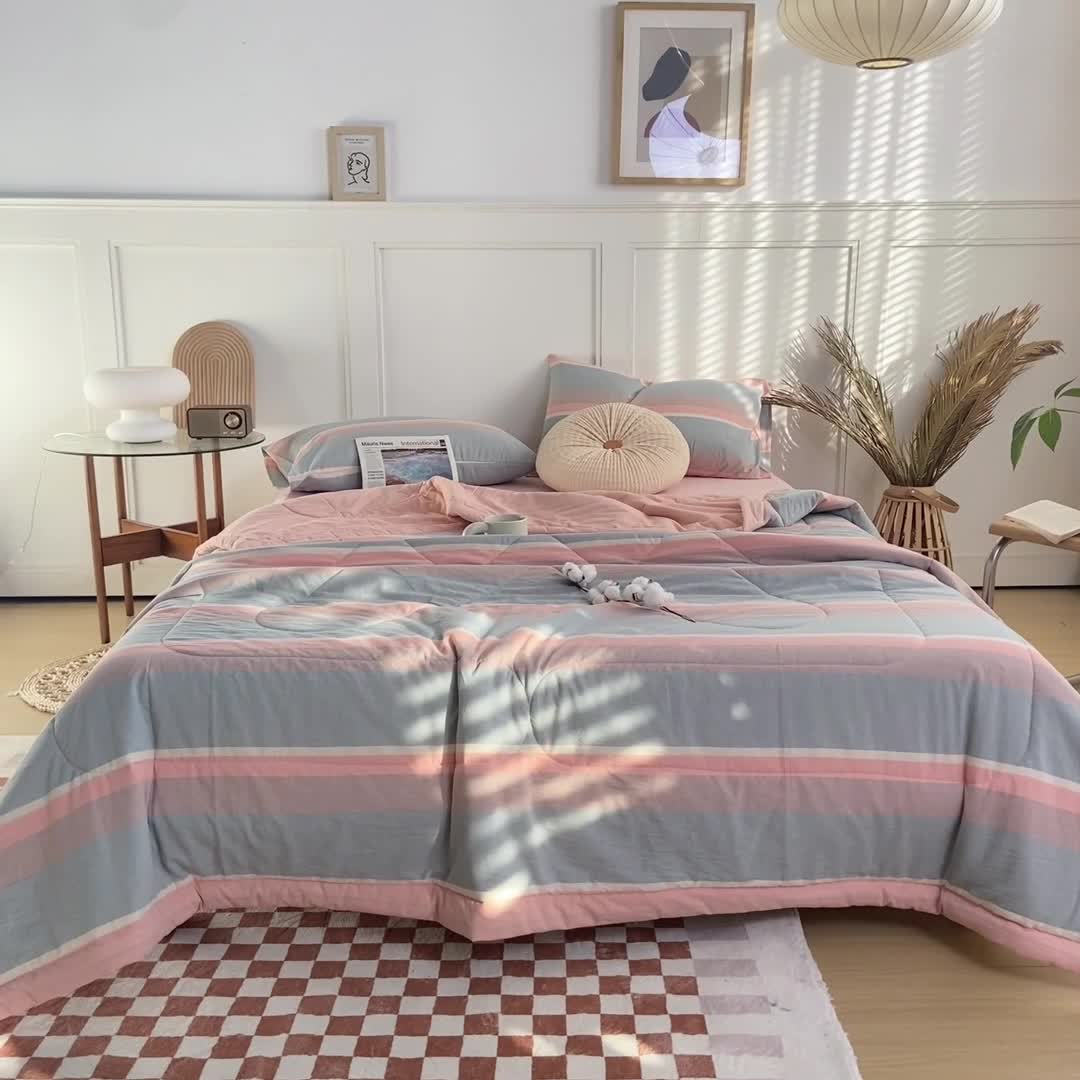 91家纺网 家纺一手货源 找家纺 鸣升新疆长绒棉全棉花色织水洗棉夏被四件套 嫩绿卡其条