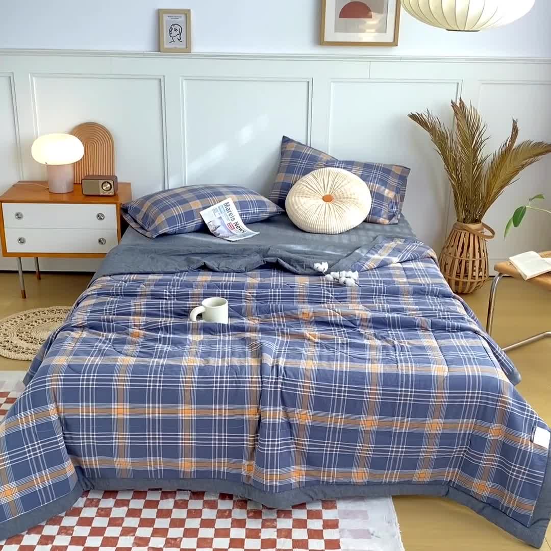 91家纺网 家纺一手货源 找家纺 鸣升新疆长绒棉全棉花色织水洗棉夏被四件套 灰格桔