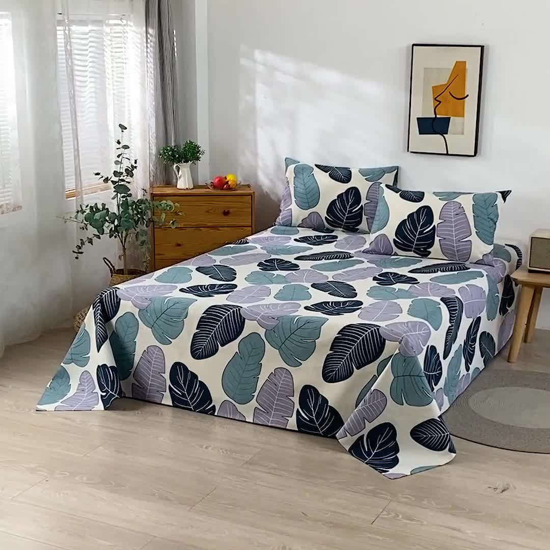 91家纺网 家纺一手货源 找家纺 韩后2025新款粗布印花床单枕套三件套芭蕉叶