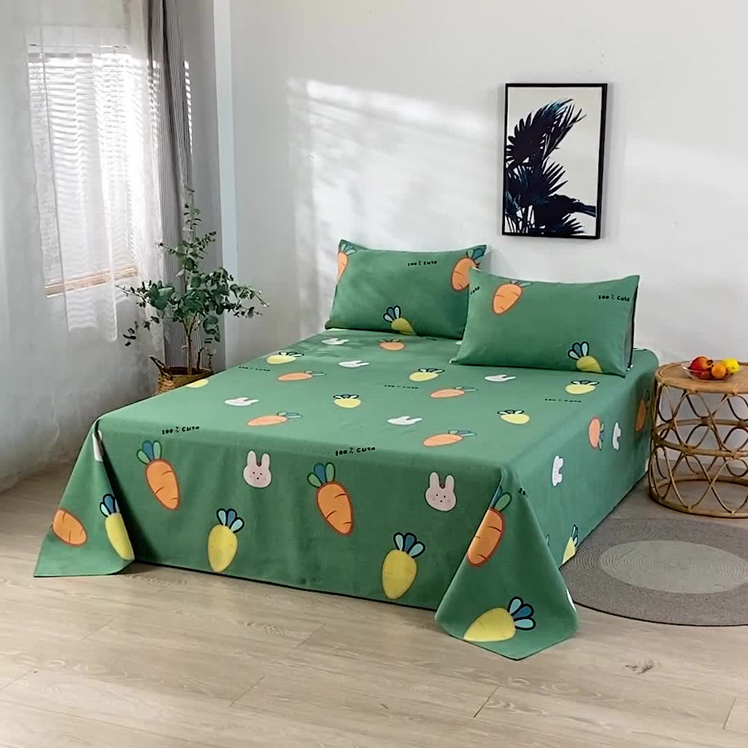 91家纺网 家纺一手货源 找家纺 韩后2025新款粗布印花床单枕套三件套胡萝卜兔-绿