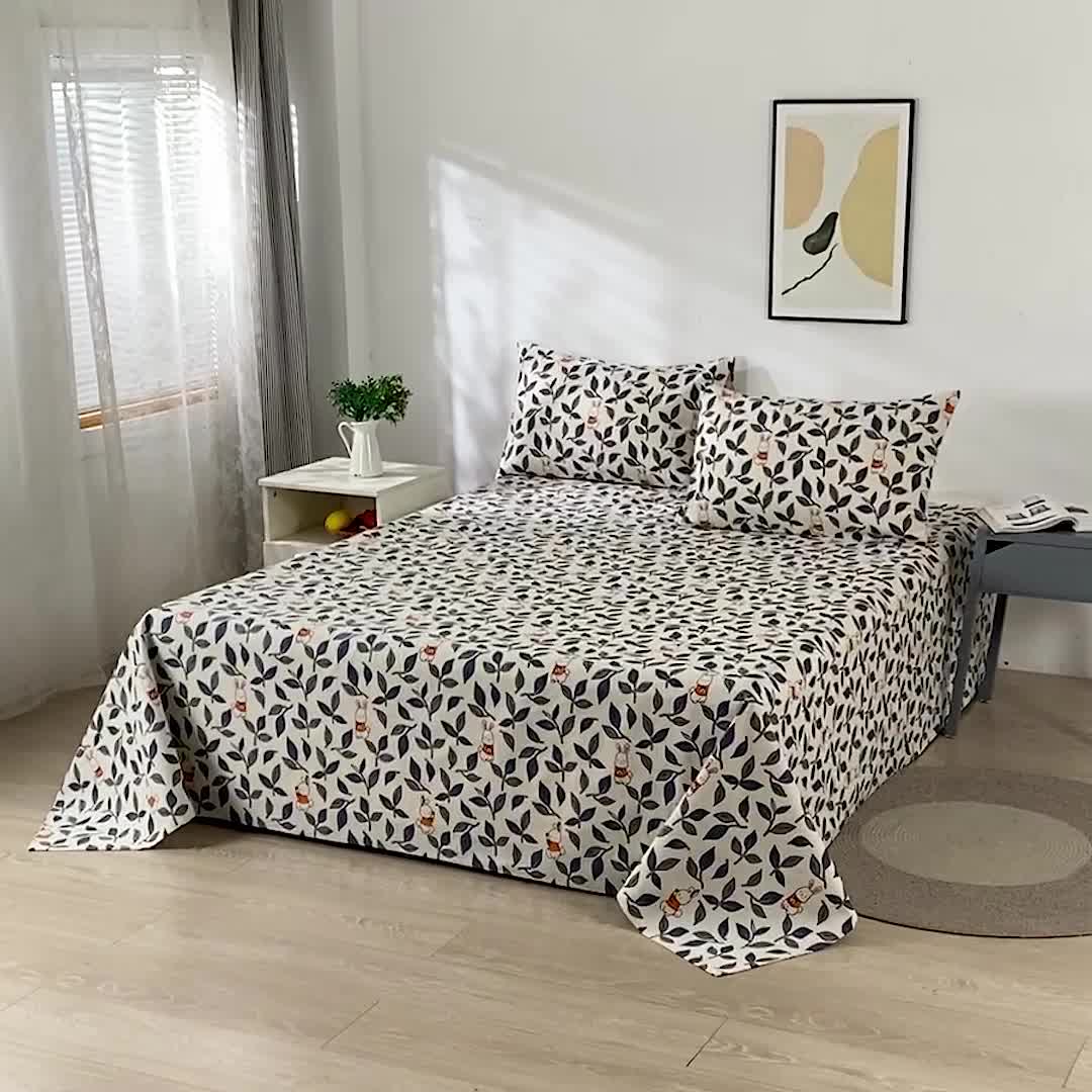 91家纺网 家纺一手货源 找家纺 韩后2025新款粗布印花床单枕套三件套花间小兔-红