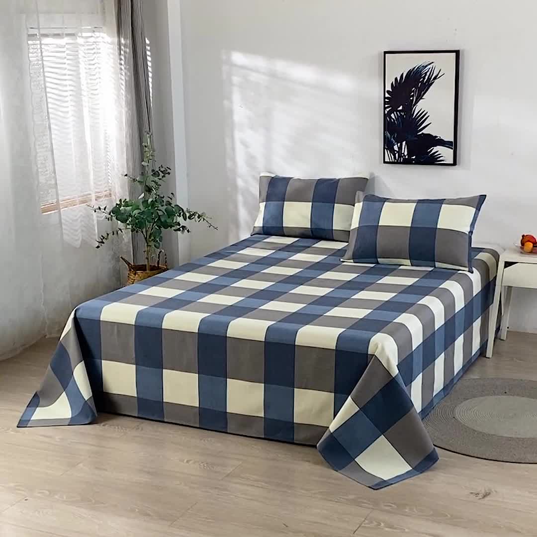 91家纺网 家纺一手货源 找家纺 韩后2025新款粗布印花床单枕套三件套蓝大格