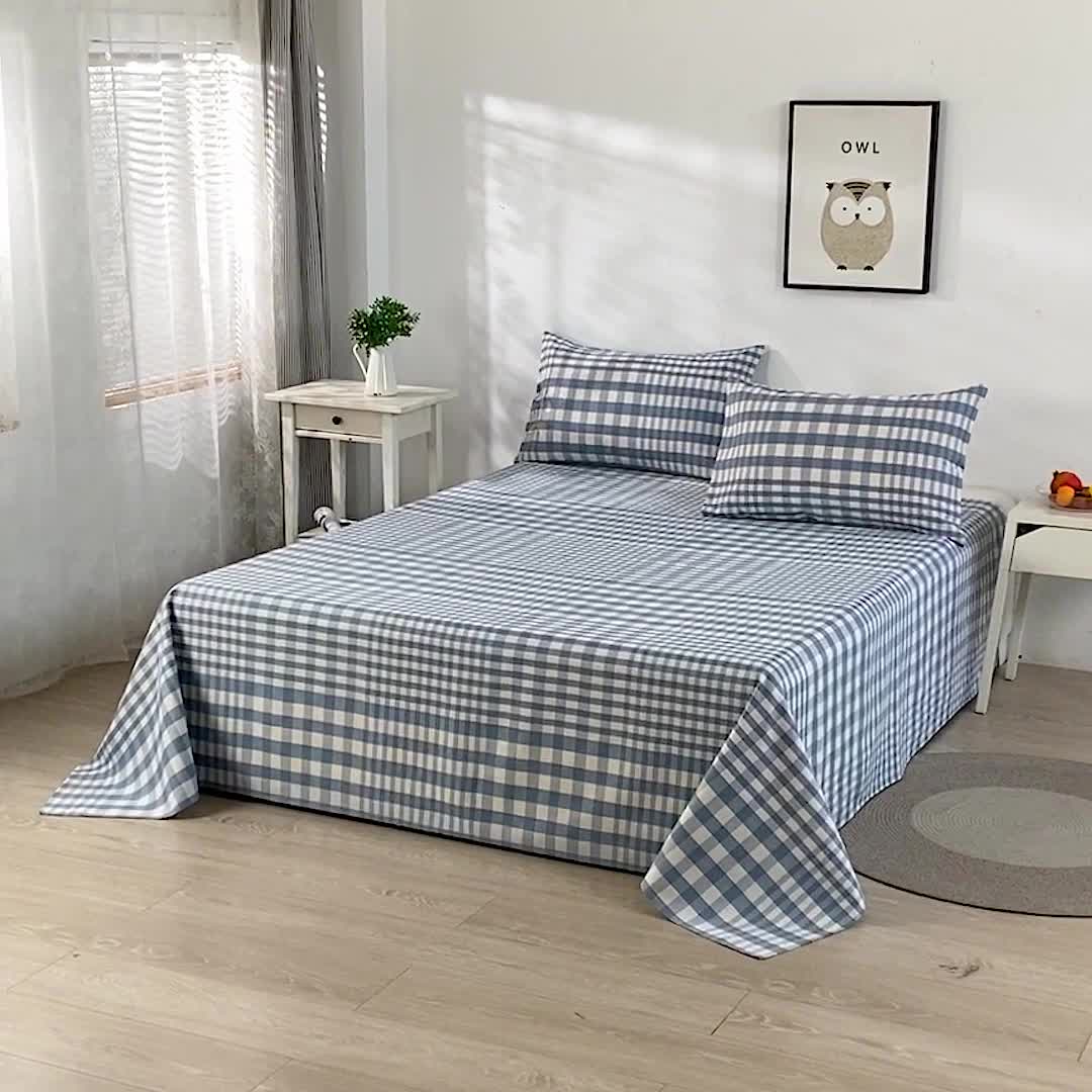 91家纺网 家纺一手货源 找家纺 韩后2025新款粗布印花床单枕套三件套蓝小格
