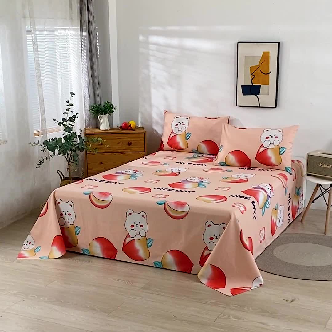 91家纺网 家纺一手货源 找家纺 韩后2025新款粗布印花床单枕套三件套蜜桃兔