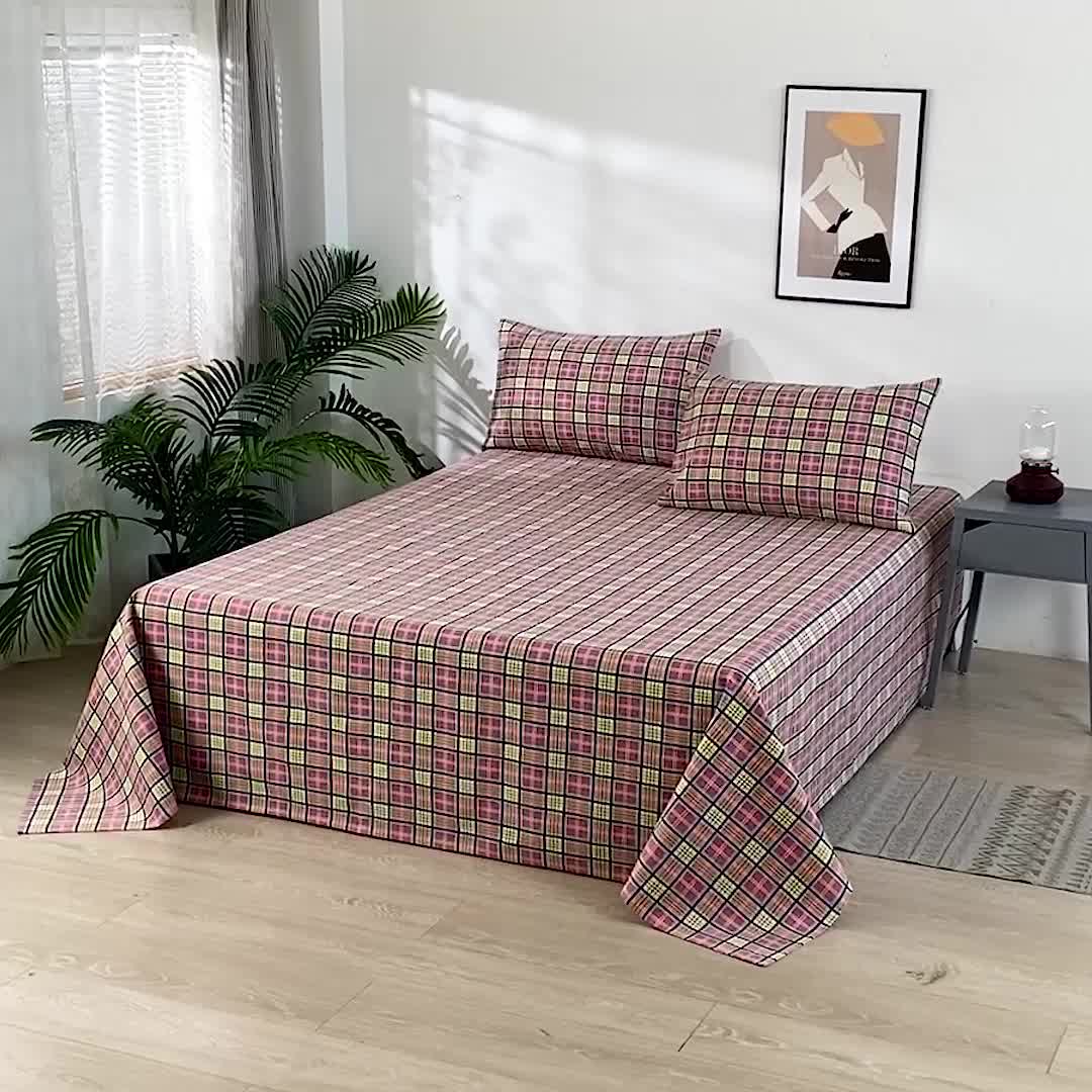 91家纺网 家纺一手货源 找家纺 韩后2025新款粗布印花床单枕套三件套田园格调-粉