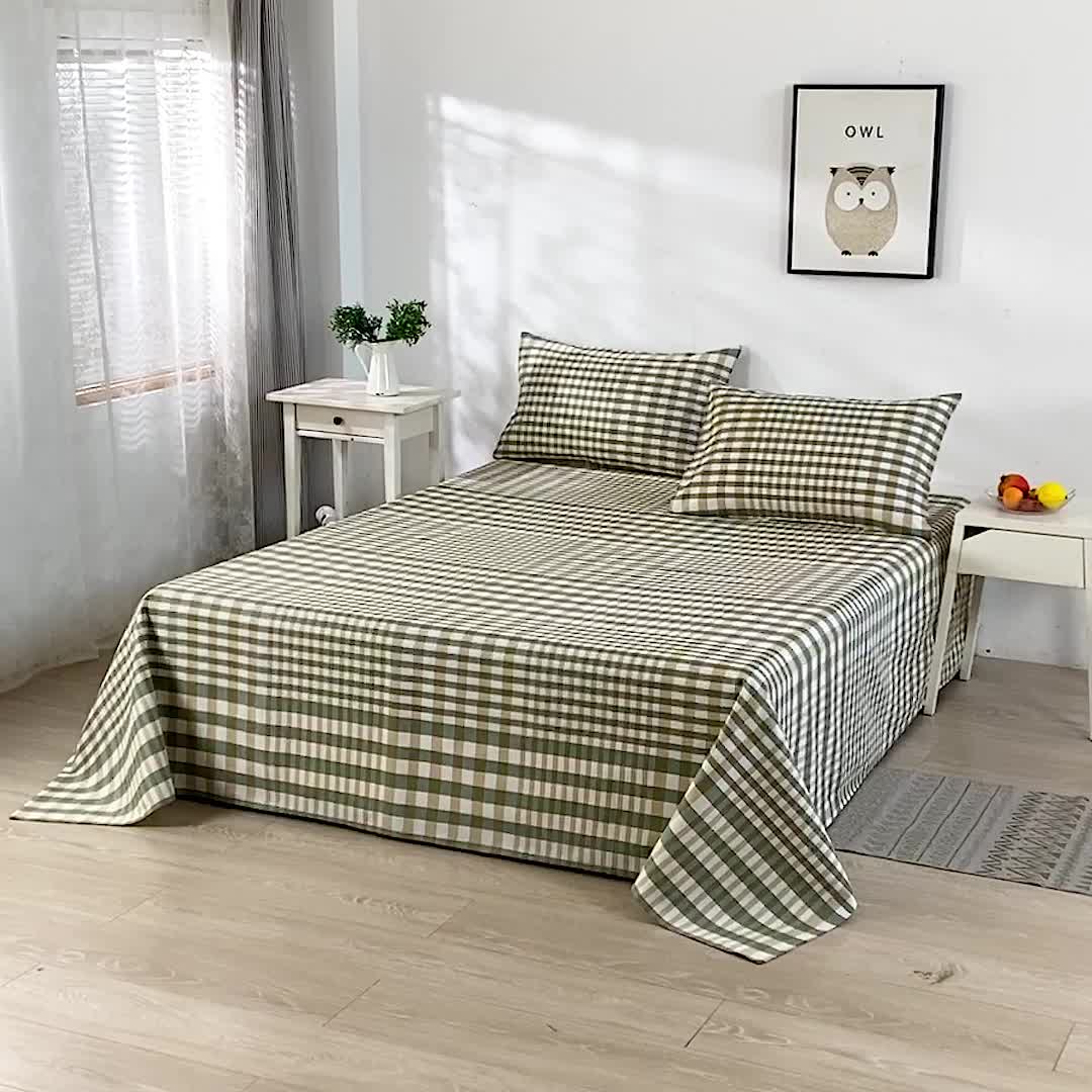 91家纺网 家纺一手货源 找家纺 韩后2025新款粗布印花床单枕套三件套田园格调-绿